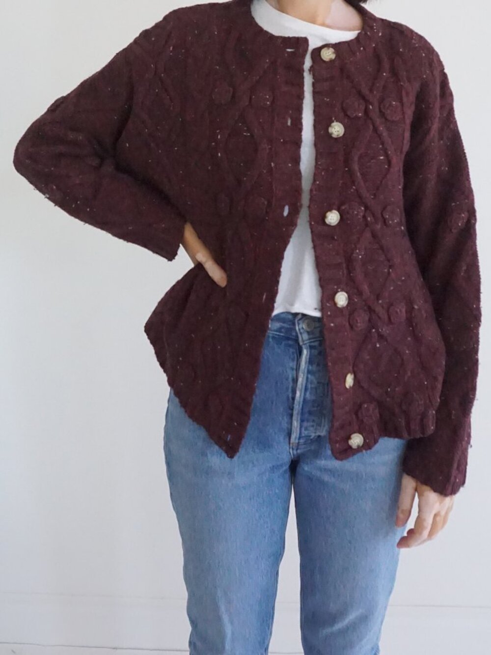 Vintage Herman Geist Burgundy Cable Knit Button Front Heritage Wool Cardigan M